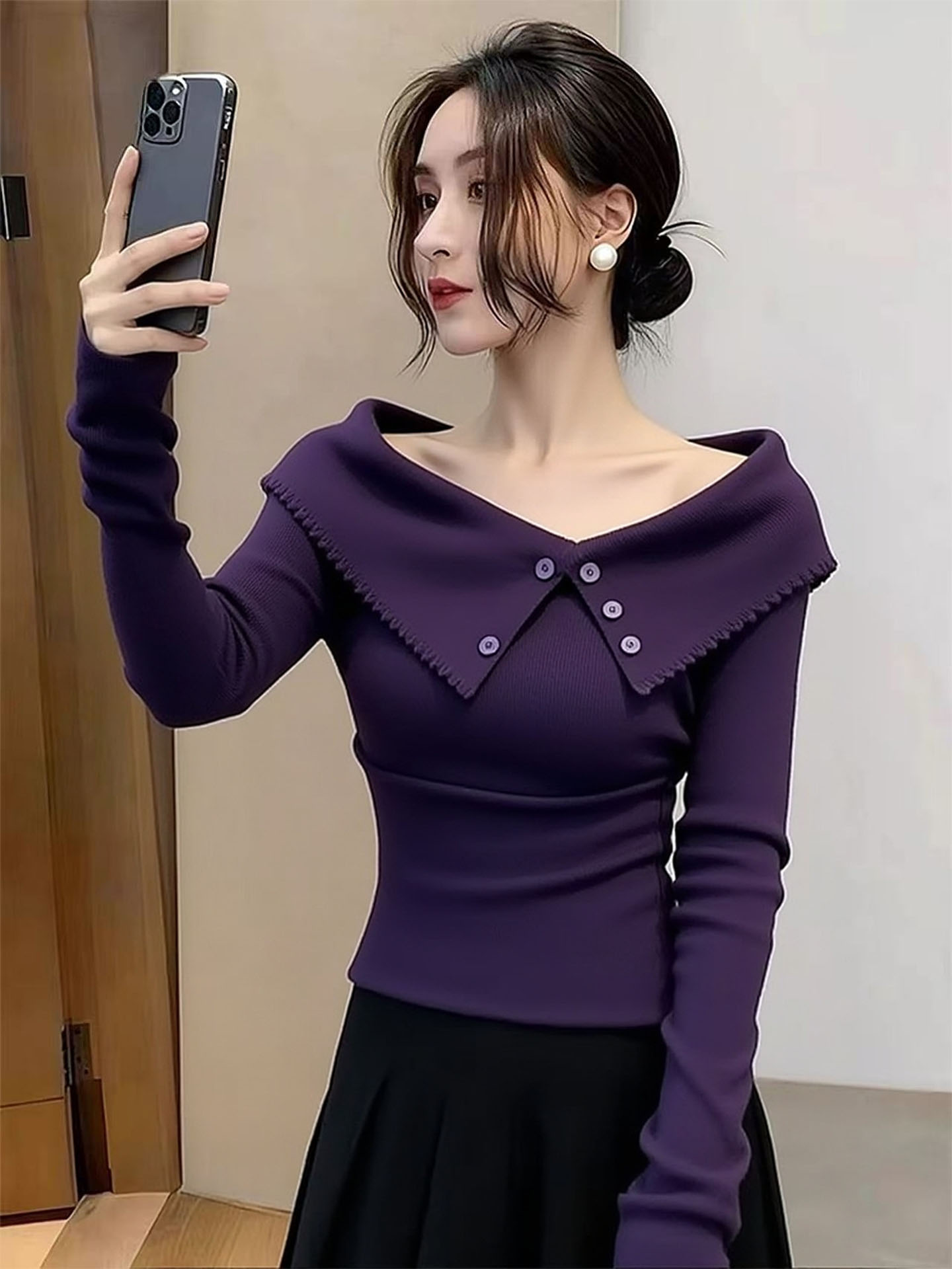 超火减龄独特超好看单穿上衣小众不撞款韩系紫色翻领针织衫女秋季