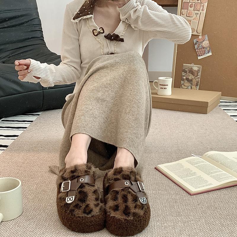 包头半拖鞋女2025秋冬新款保暖棉鞋外穿厚底8829半包豹纹毛毛棉拖
