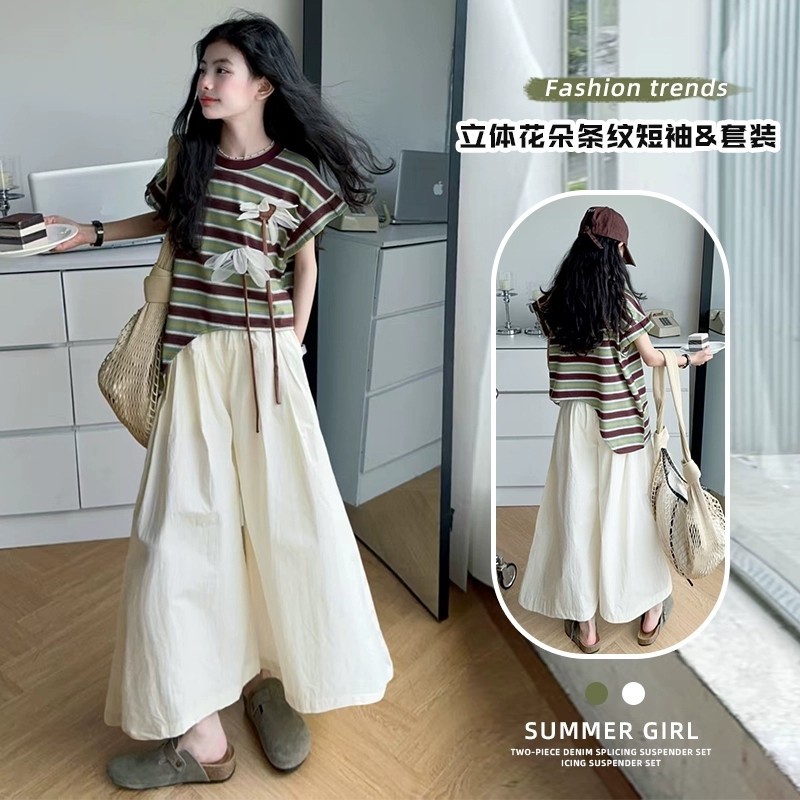 女童套装夏季2025新款女孩条纹不规则短袖儿童宽松阔腿裤两件套潮