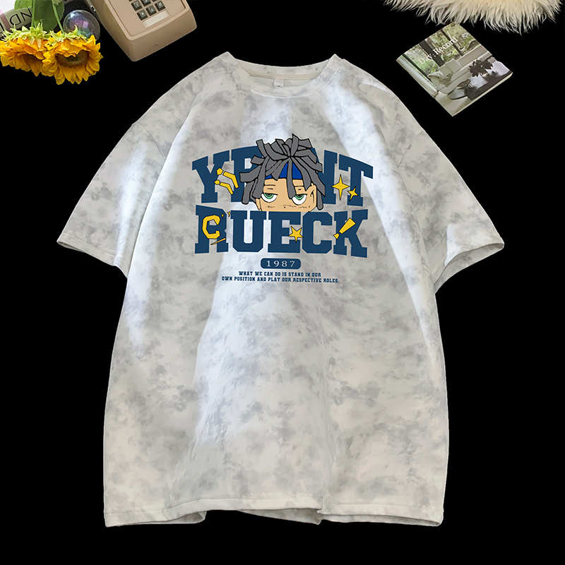 夏季美式短袖圆领T恤扎染小众港风韩版休闲半袖百搭慵懒大码男士