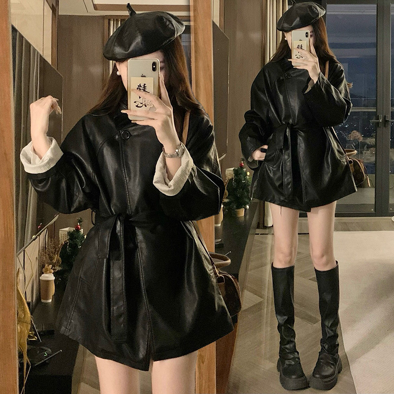 高级设计感收腰翻边皮衣外套复古黑色皮西装风衣外套