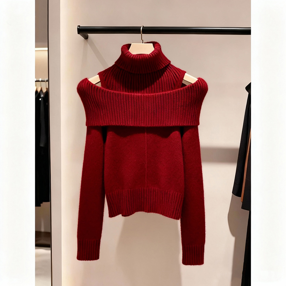 时尚洋气炸街女装高端轻奢红色针织上衣秋冬爆款软糯堆堆领打底衫