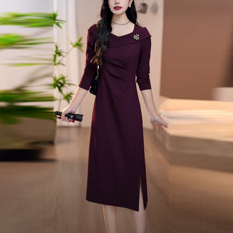 棉感精纺轻奢女装2025秋季新款高级感长袖修身显瘦中长款连衣裙子