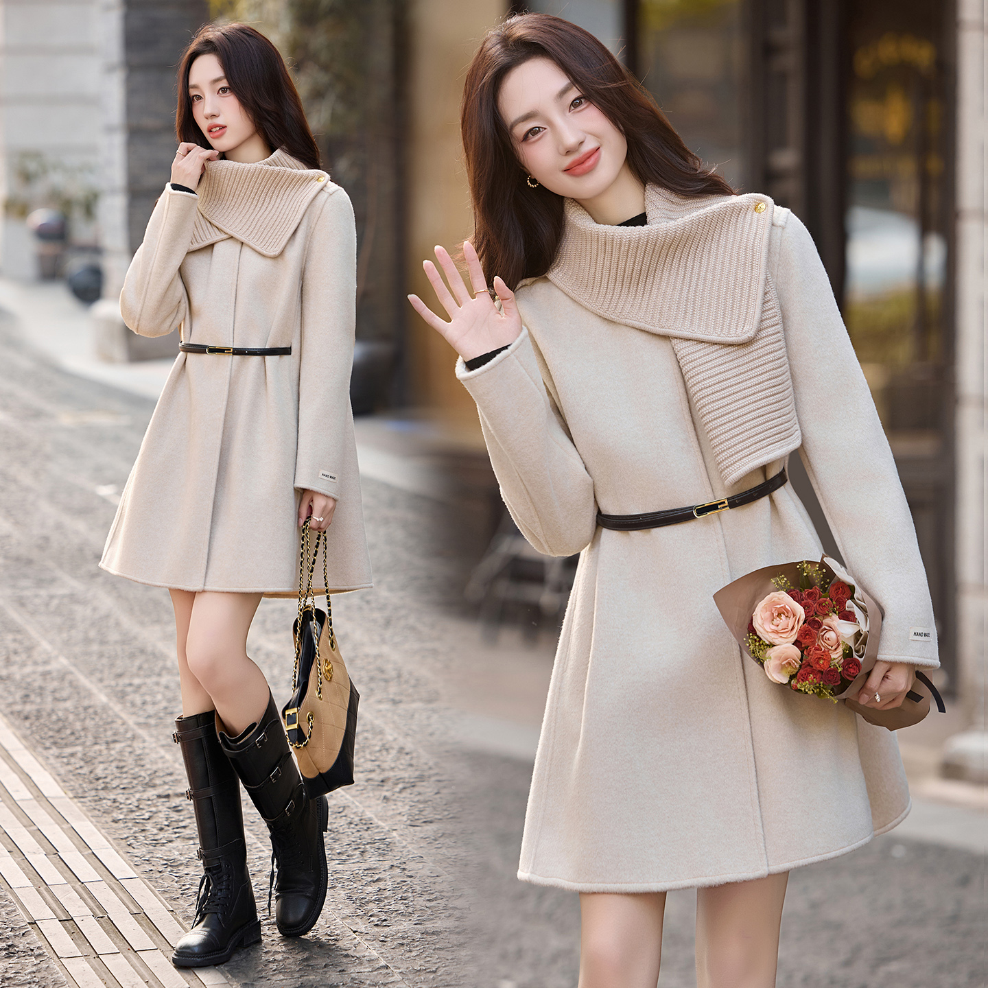 现货手工缝制冬保暖新款时尚斗篷可拆卸围巾双面呢大衣送腰带围巾