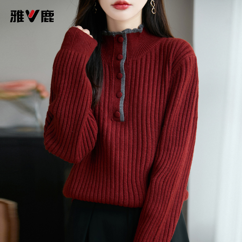 雅鹿特大码女装胖mm秋冬女士红色毛衣遮肚子上衣内搭可外穿针织打
