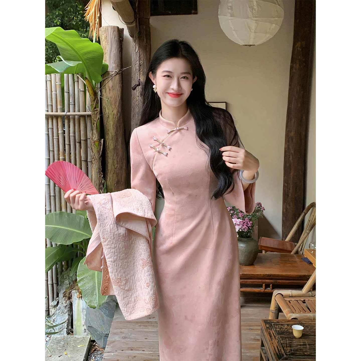 凌茜恣禾【樱韵虹】国风新中式麑皮绒水墨印花旗袍温婉优雅气质旗袍