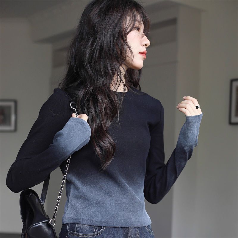 25小众设计感渐变长袖t恤女2025早春秋新款修身紧身内搭打底衫25
