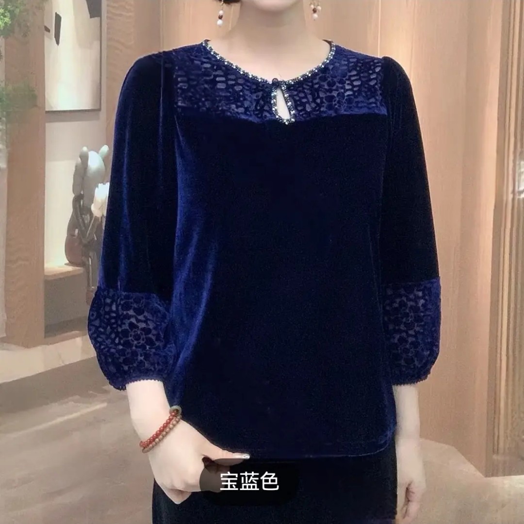 中老年秋季水滴领长袖纯色宽松拼接丝绒烧花气质上衣