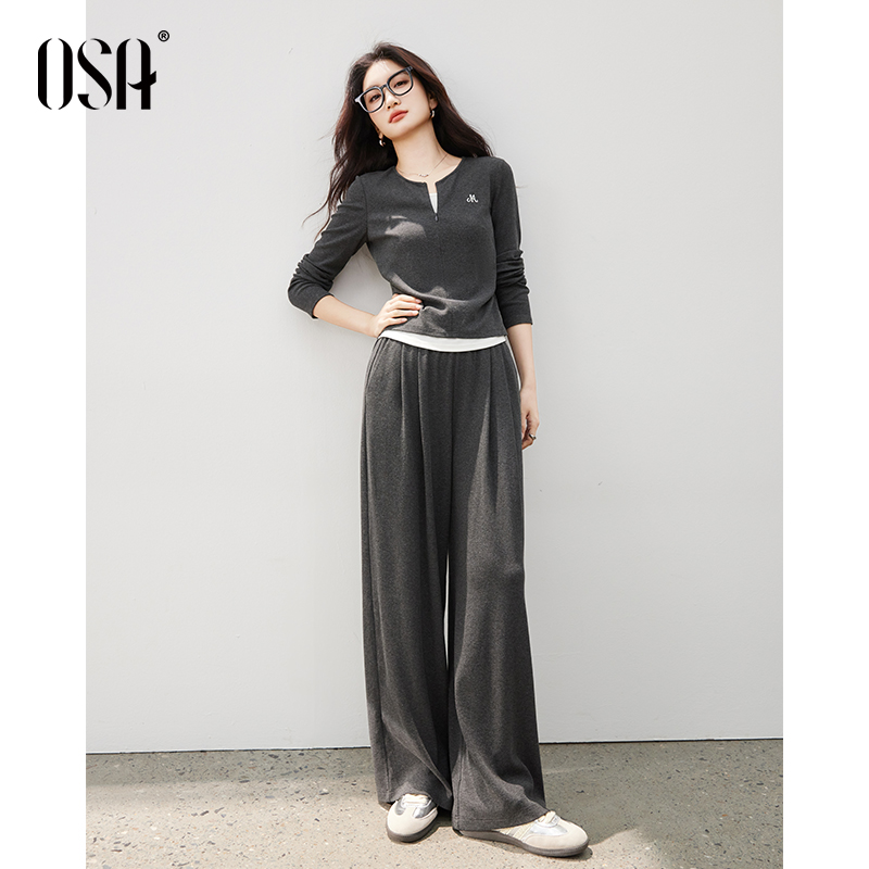 OSA/欧莎【漫步套装】两件套装女秋季针织衫阔腿裤两件套S125C15001