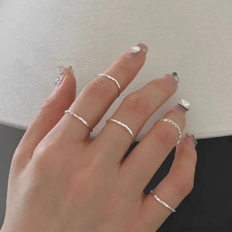 明瑜 925银极简风捶打纹细款素圈肌理开口戒指女个性ins食指环