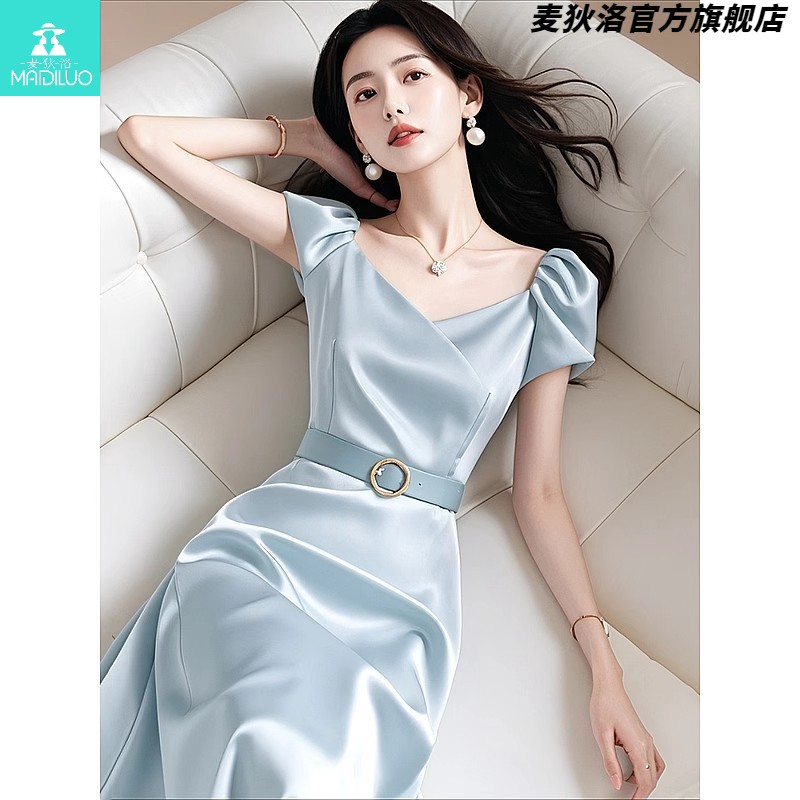 【限量款】韩系高级感气质女神范钓系约会裙法式赫本风蓝色收腰连衣