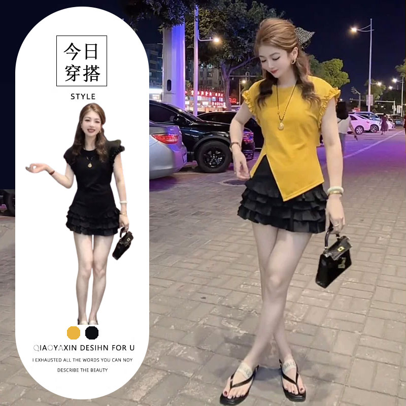2025超火夏装一整套女设计感木耳边短袖t恤百搭a字蛋糕短裙两件套