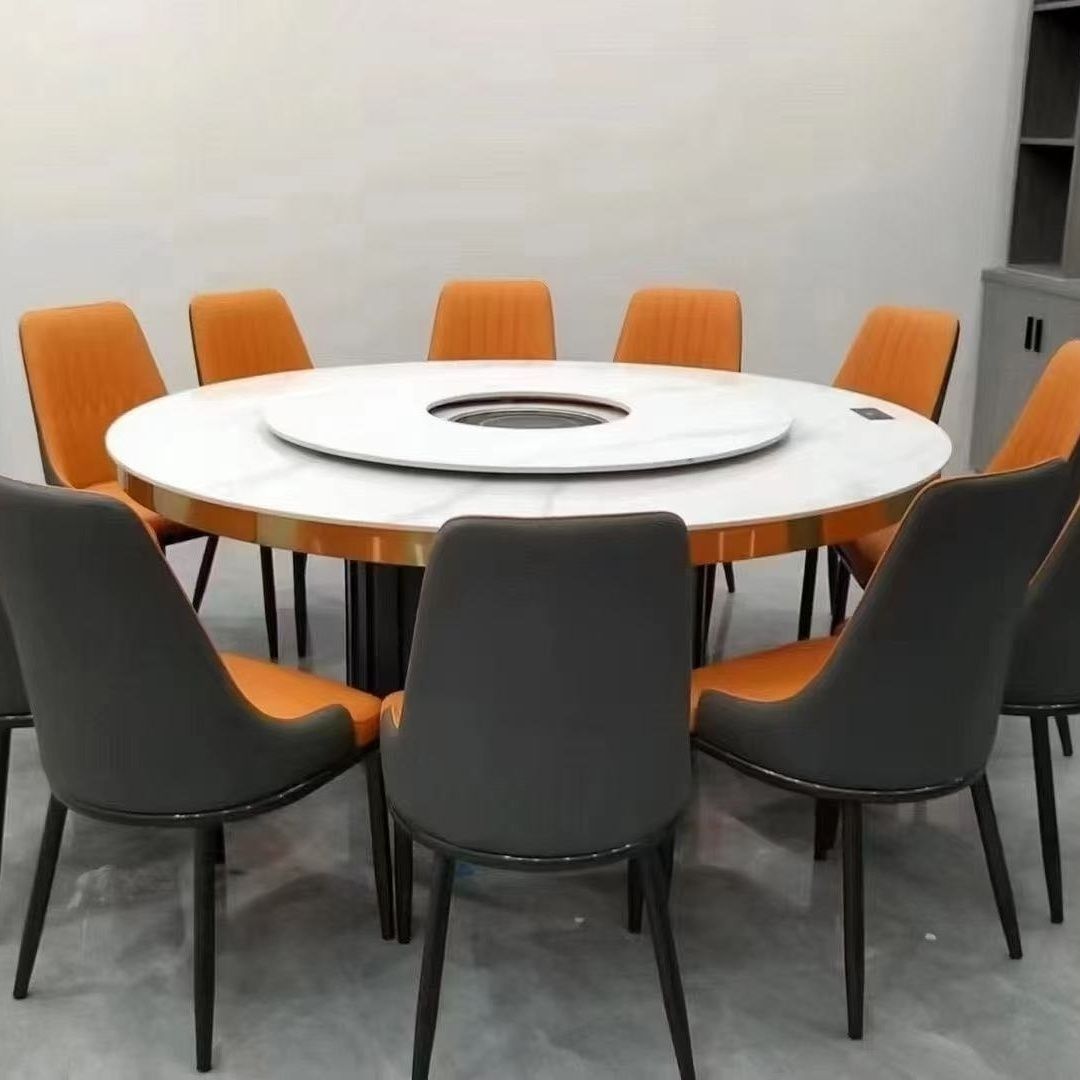 【佛山爆款】高档岩板圆形手动旋转餐桌家用外贸家具尾货火锅餐厅