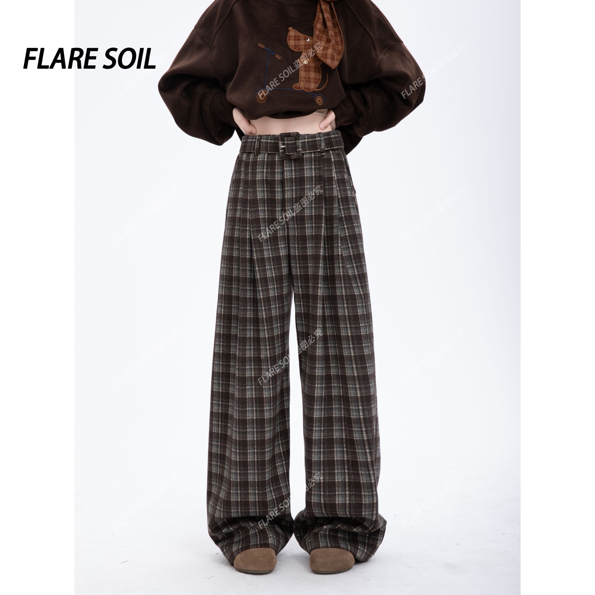 【FLARE SOIL】（现货）拼接格纹高腰长裤休闲裤格子秋装裤 T4736B