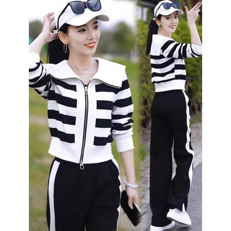 拉夏贝尔时尚休闲运动套装女春秋2025新款显瘦条纹外套阔腿裤套装