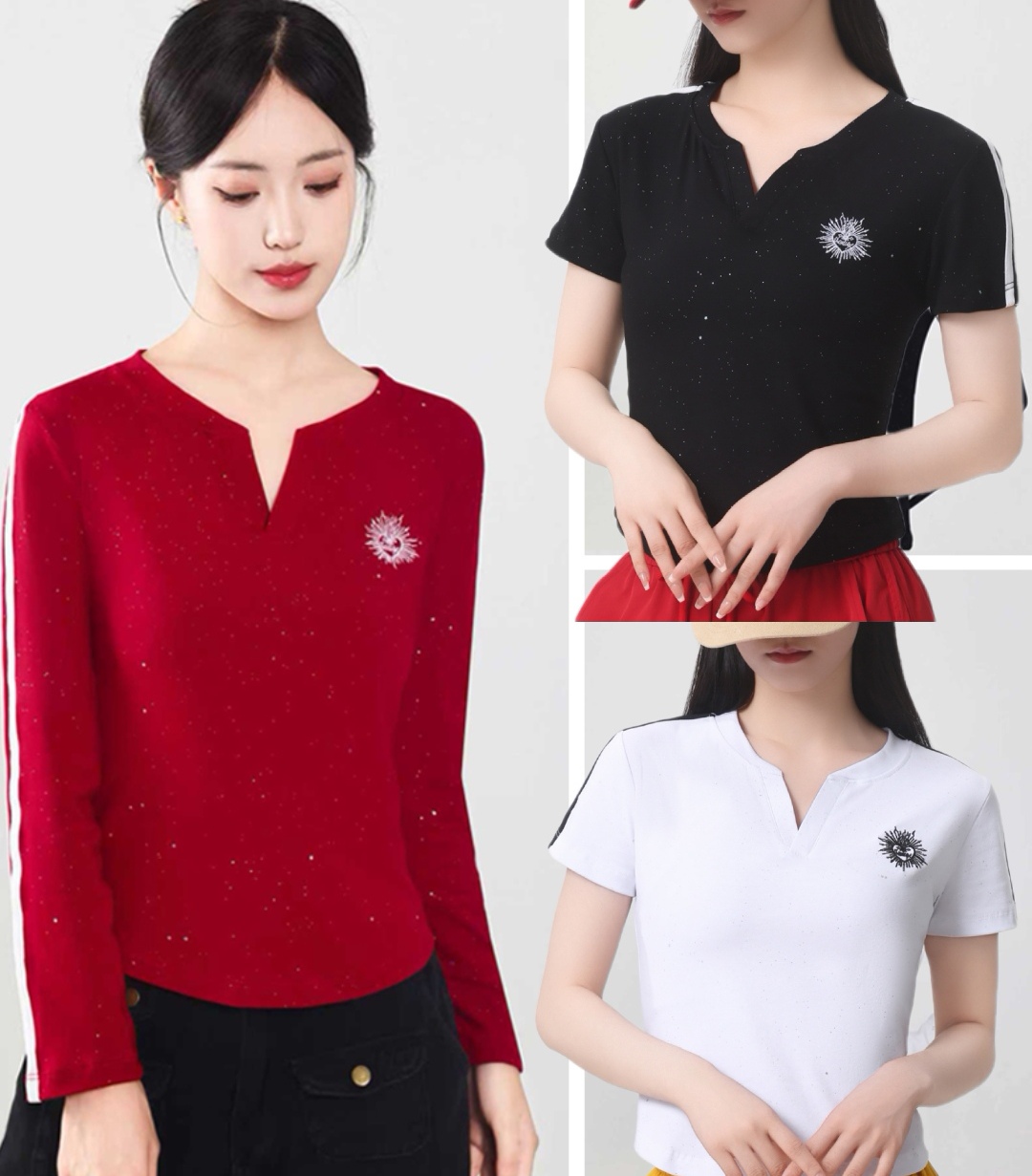 现货秋款太阳花刺绣V领双杠银闪长袖T恤修身显瘦上衣【领口带包边】