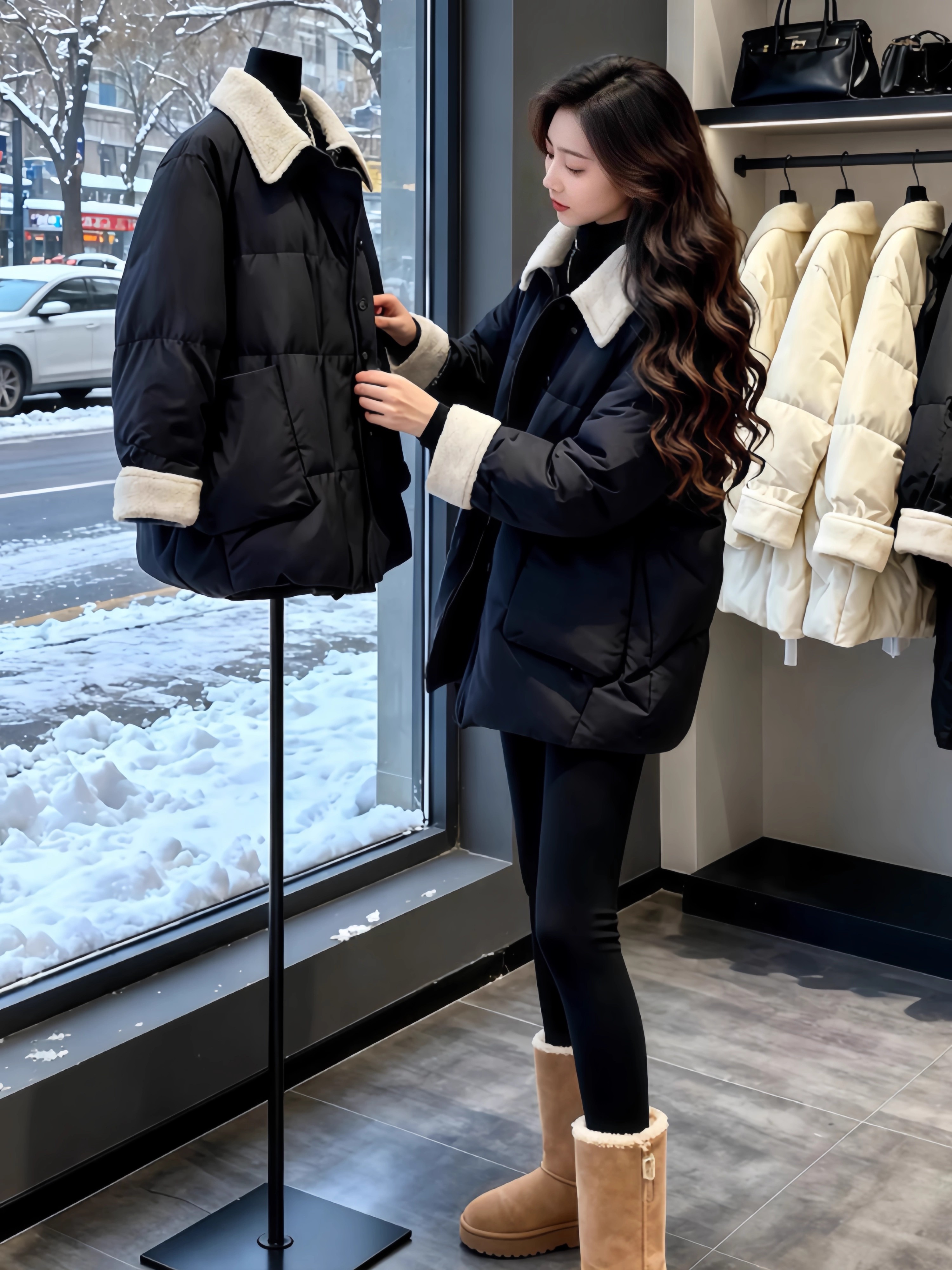 2025简约休闲风黑色拼接翻领棉服袄衣外套女冬季宽松显瘦保暖时尚