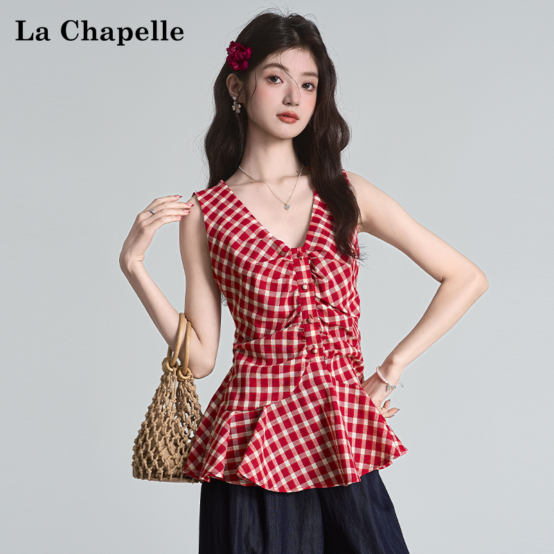 拉夏贝尔法式复古红色格子无袖背心女夏季收腰褶皱别致V领上衣