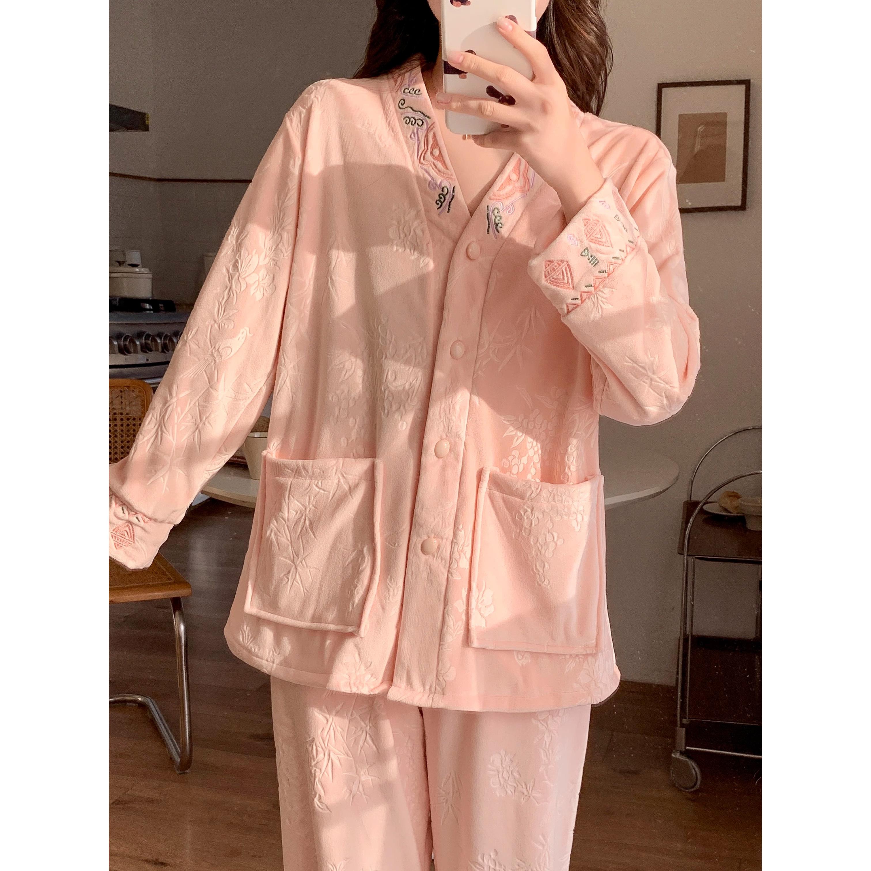 海岛绒睡衣女秋冬季新款刺绣轻奢高级感珊瑚绒薄款加绒保暖家居服