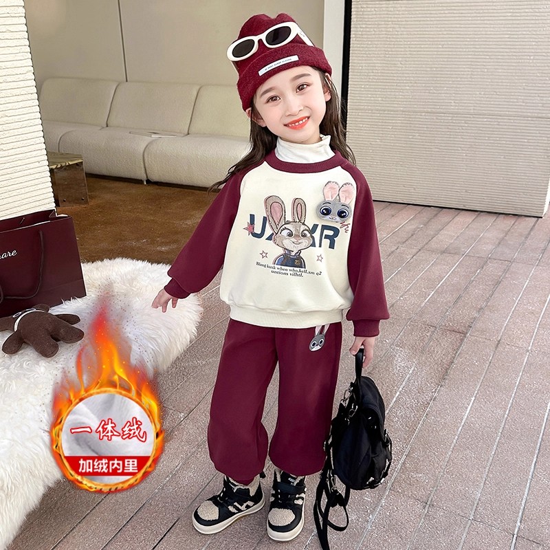 女童秋冬季洋气一体绒休闲运动套装儿童2025新款女宝宝小女孩套装