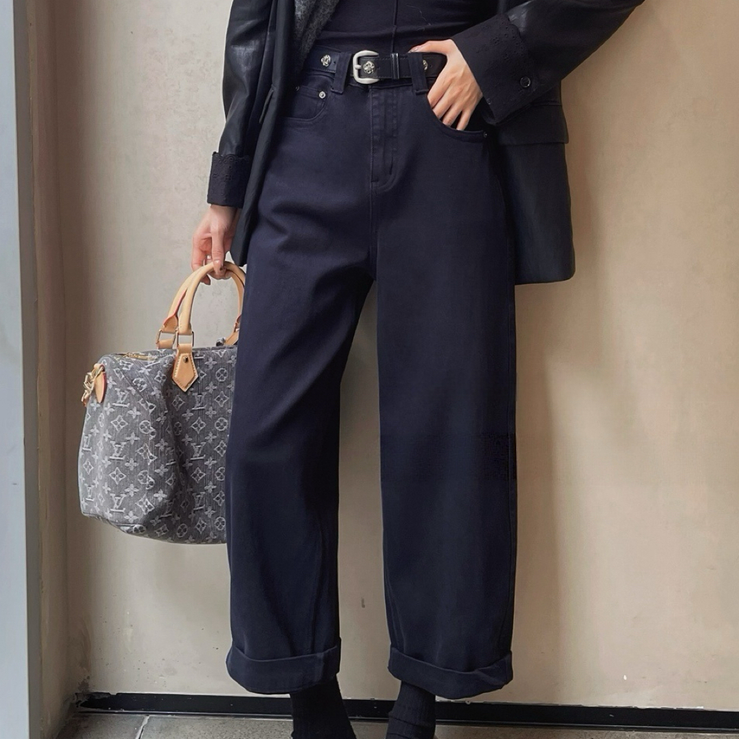 梦丽雅秋冬特殊剪裁双色奶奶裤/复古收胯显瘦弧形宽松百搭休闲裤