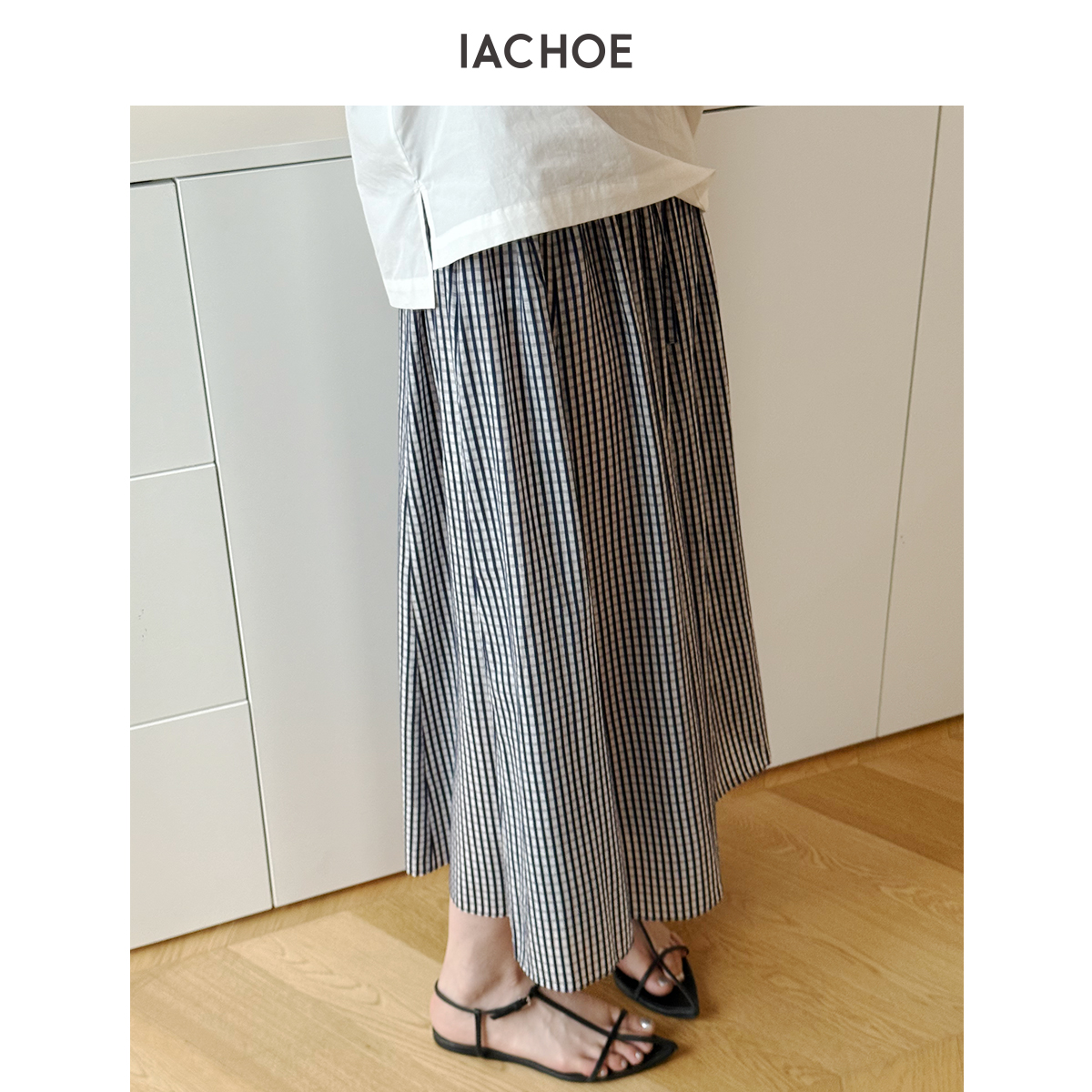 IACHOE含桑蚕丝细格纹半身裙3631517007