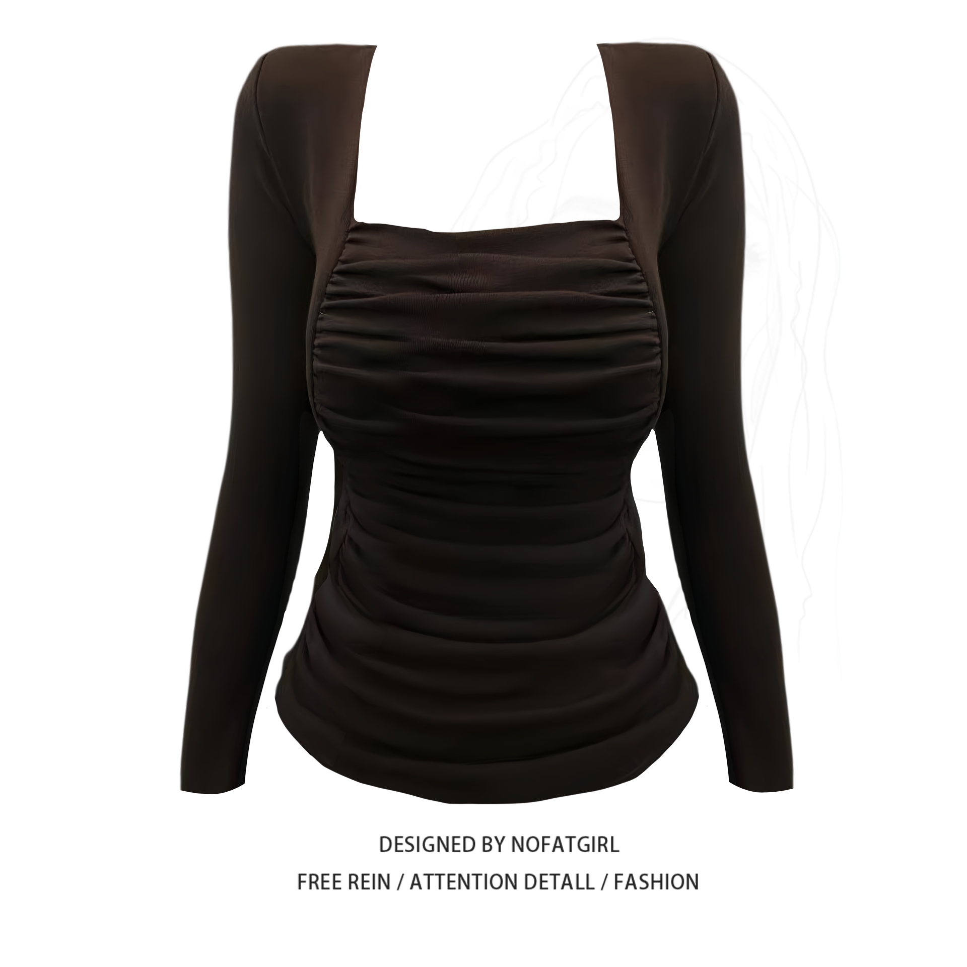 大码胖MM简约风长袖方领褶皱设计灰色内搭上衣女早秋季显瘦打底衫