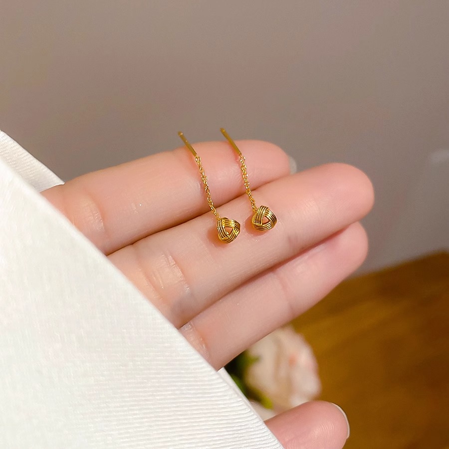 铜合金耳饰 轻奢金色如意同心结耳线女925银针新款高级感小众耳钉