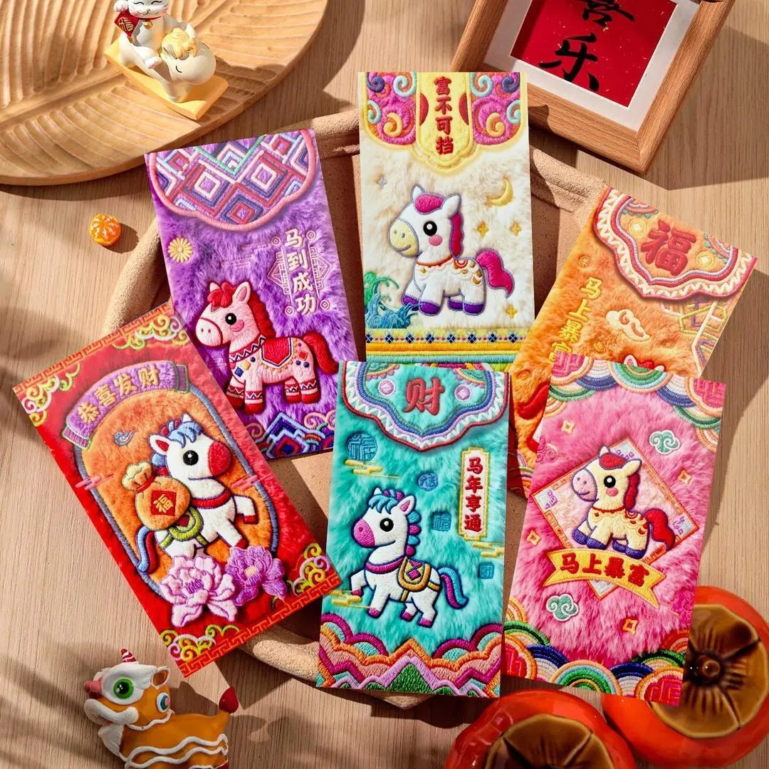2026马年5D平面毛绒刺绣风格可爱卡通新年过年红包春节儿童利是封