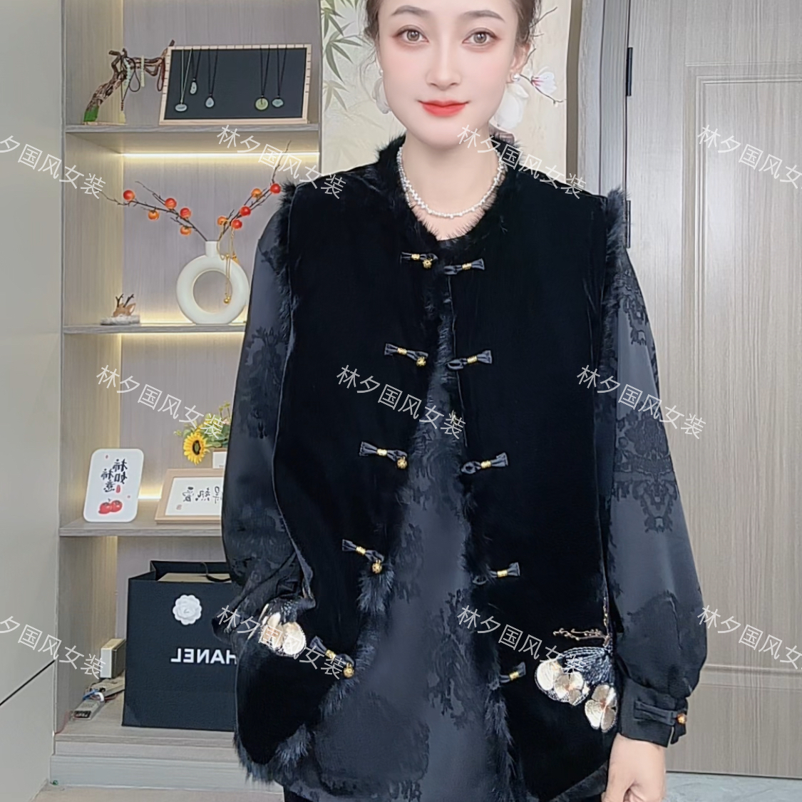 新中式女装国风刺绣水貂毛丝绒加棉马甲