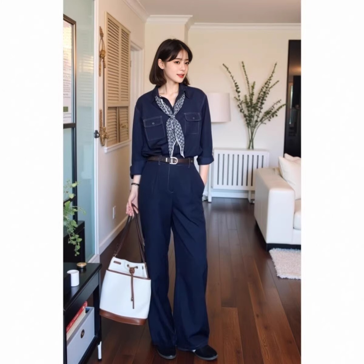 港味复古蓝色牛仔套装女2025秋御姐简约气质衬衣高腰阔腿裤两件套