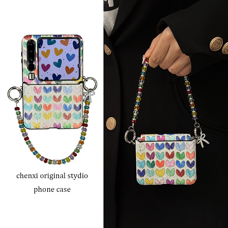 适用华为purax折叠屏手机壳烫金皮纹pocket2彩色爱心中轴保护链条