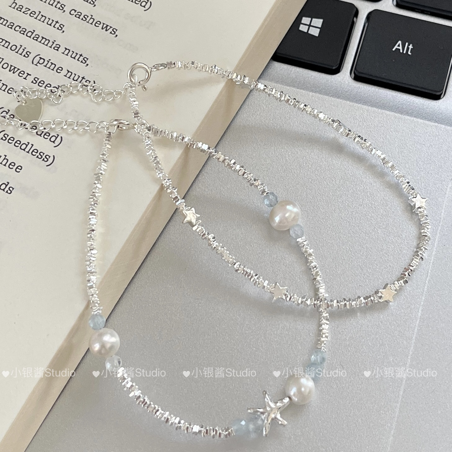 足银仿珍珠手链 足银999海星贝壳五角星碎银纯银手链百搭ins风