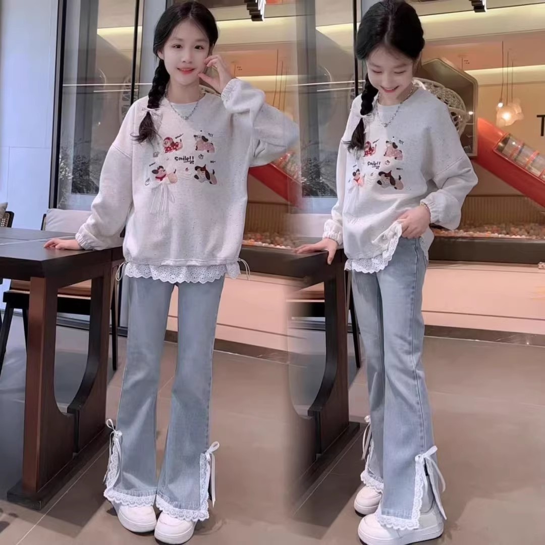 女童重工刺绣卫衣套装春秋新款洋气花边卫衣儿童弹力蕾丝喇叭裤潮