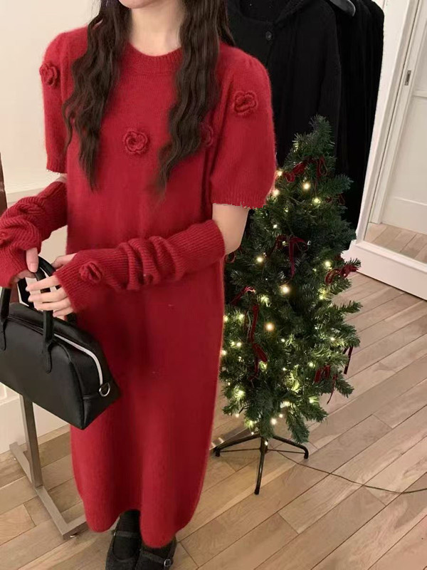 韩版宽松设计感立体山茶花针织毛衣连衣裙配袖套女长款25秋冬新款