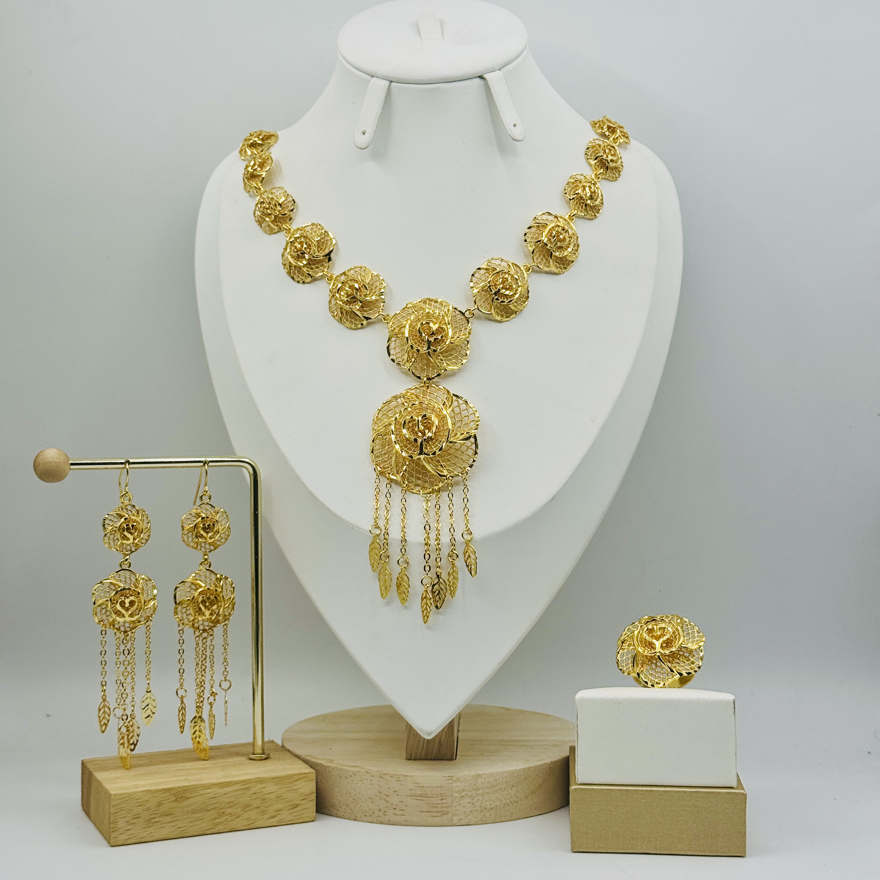 铜项链 TJ369 铜首饰 项链耳环戒指 玫瑰花三件套