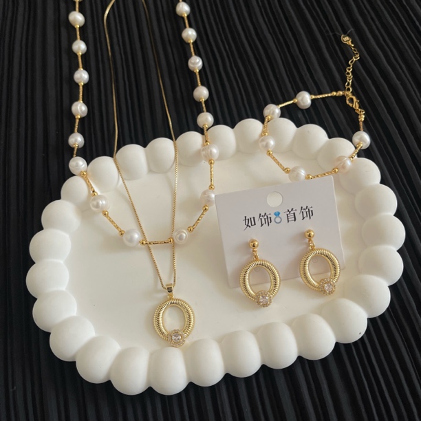 钛钢仿珍珠项链 如饰 圆形双层链手工三件套套装时尚百搭复古