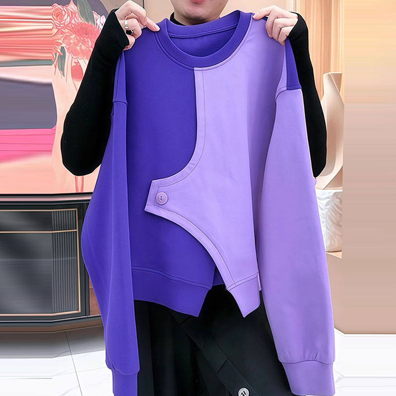 2025秋季新款时尚韩系慵懒风时尚洋气上衣宽松紫色拼接套头卫衣女