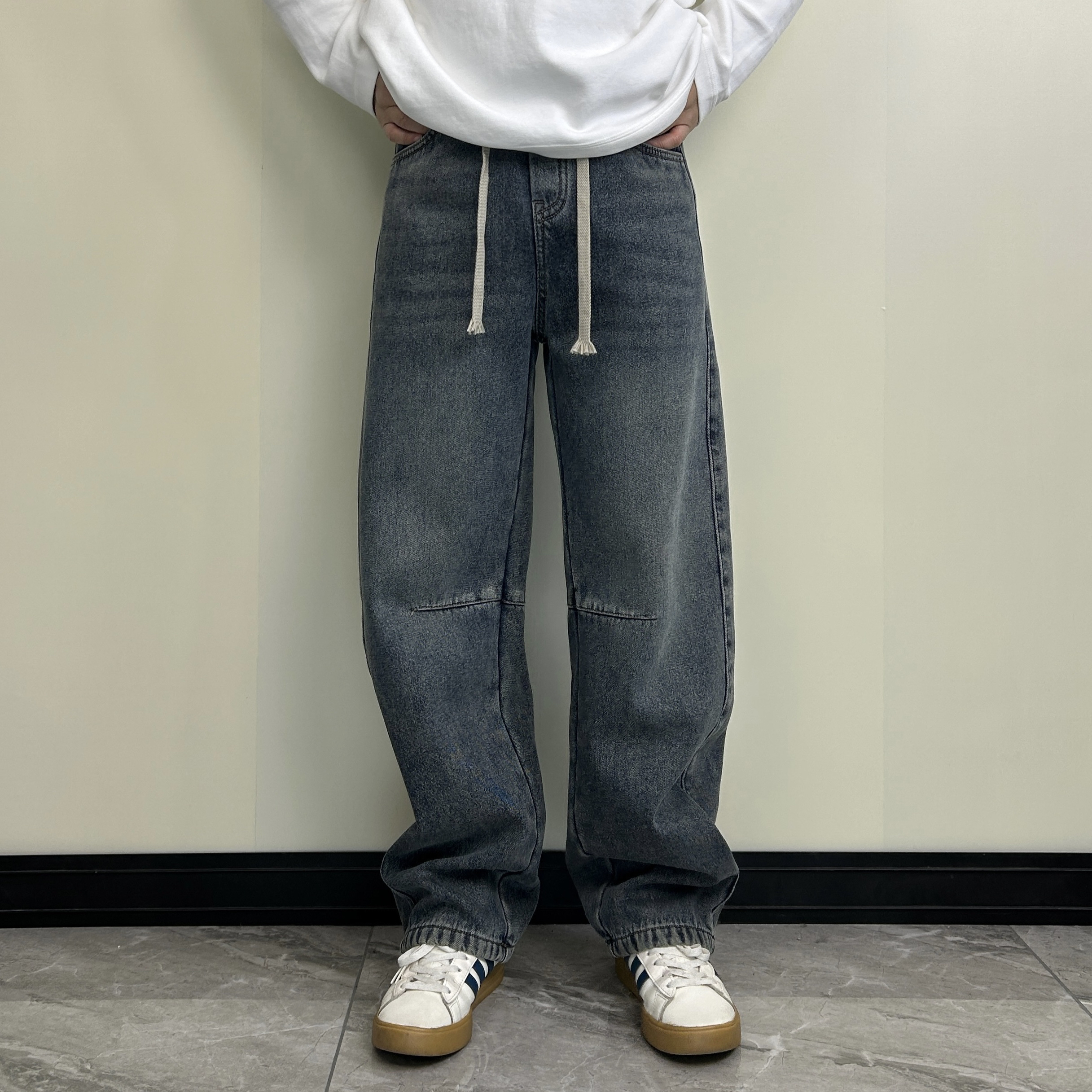 冬季秋冬高腰宽松休闲风男牛仔裤潮流水洗ins裤子阔腿裤复古6908