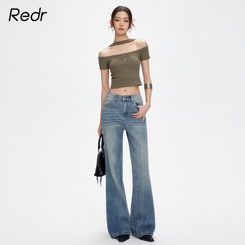 REDR美式复古水洗微喇牛仔裤女2025新款百搭修身垂感喇叭裤