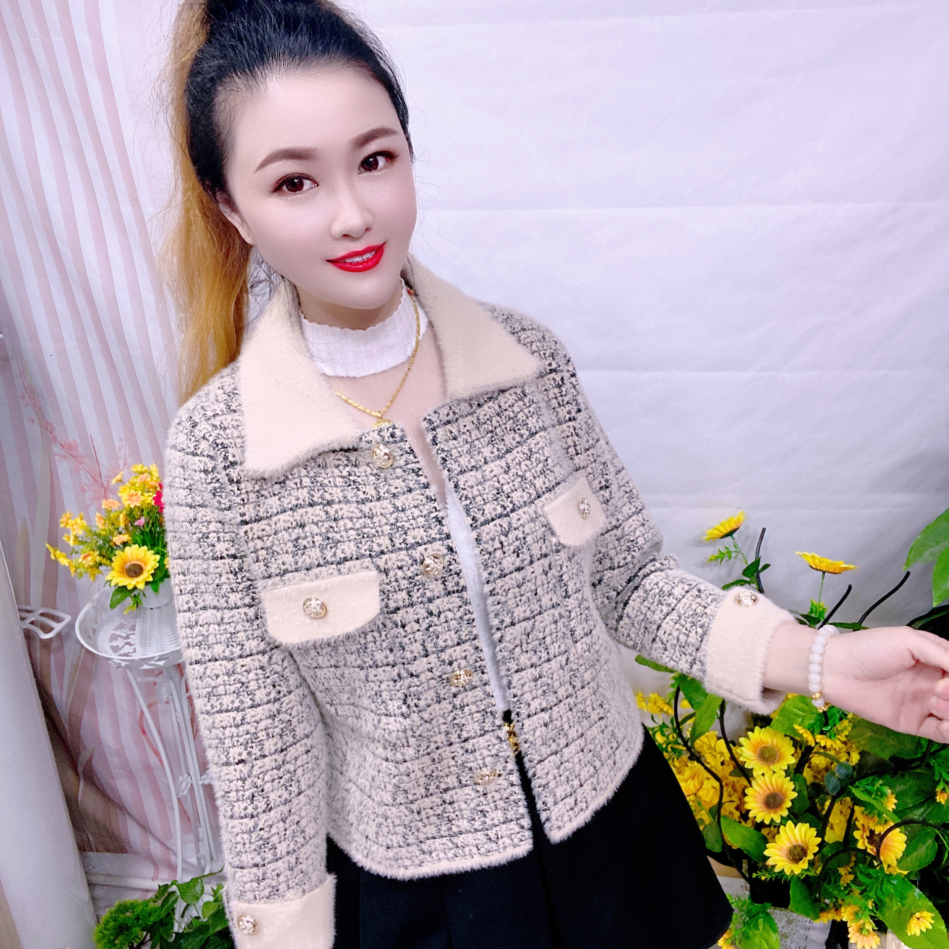 小个子短款小香风仿水貂绒秋冬女士时尚宽松开衫外套