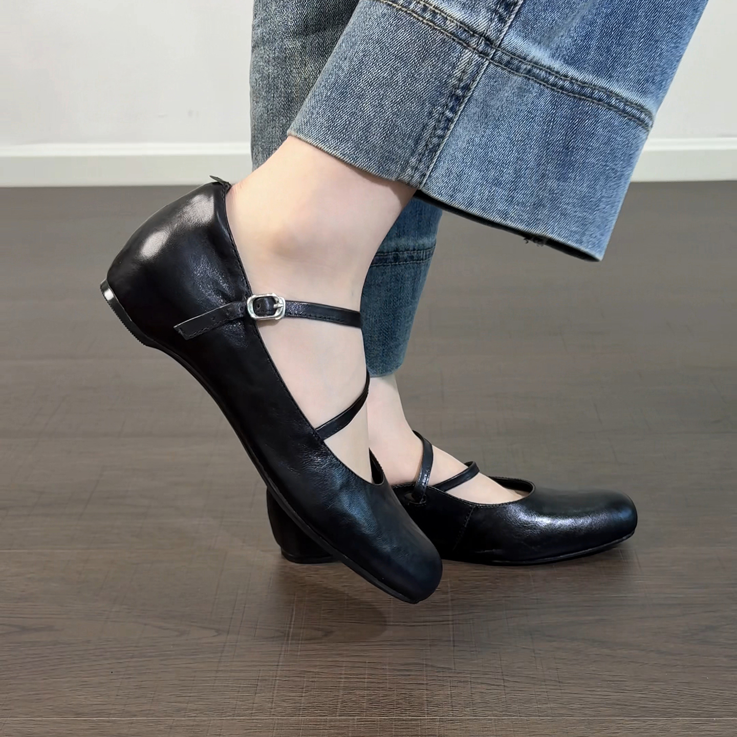 2.5cm/2637牛皮圆头玛丽珍交叉扣带浅口单鞋内增高软底复古女鞋