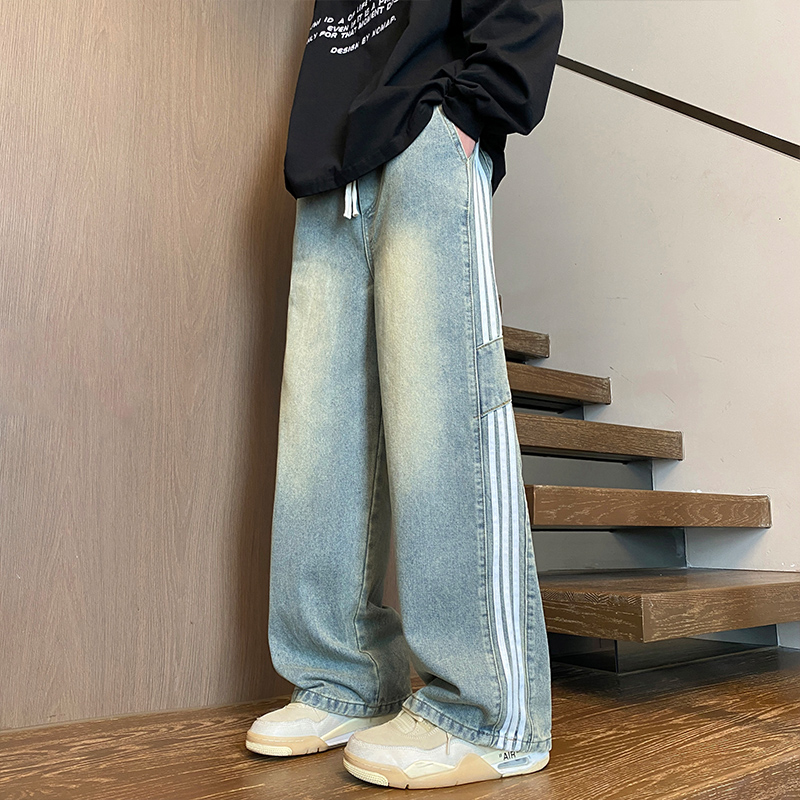 美式做旧牛仔裤男士复古宽松条纹撞色阔腿裤vibe高街水洗拖地裤子