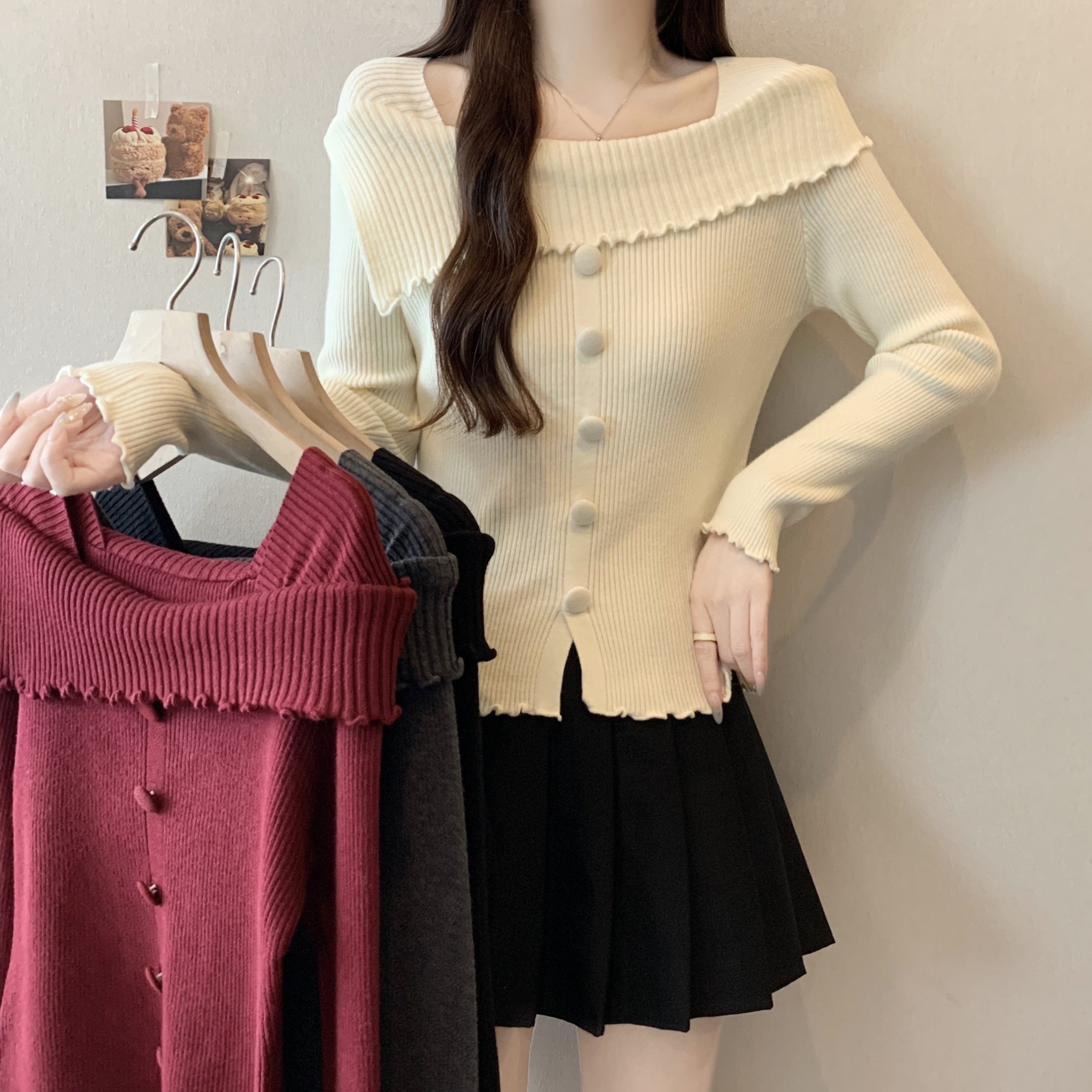 韩系漂亮木耳边长袖针织衫2025秋季新款大码女装胖mm打底红色上衣