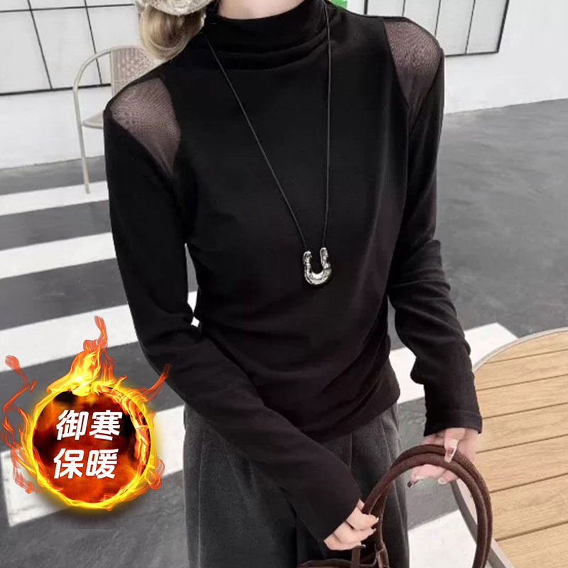 拉夏贝尔黑色半高领网纱拼接长袖t恤女秋冬小众高级感显瘦上衣潮