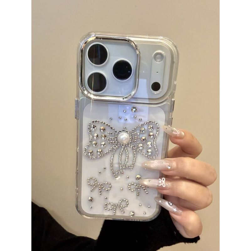 唯美ins透底镶钻珍珠蝴蝶结适用iphone17promax苹果16pro手机壳15
