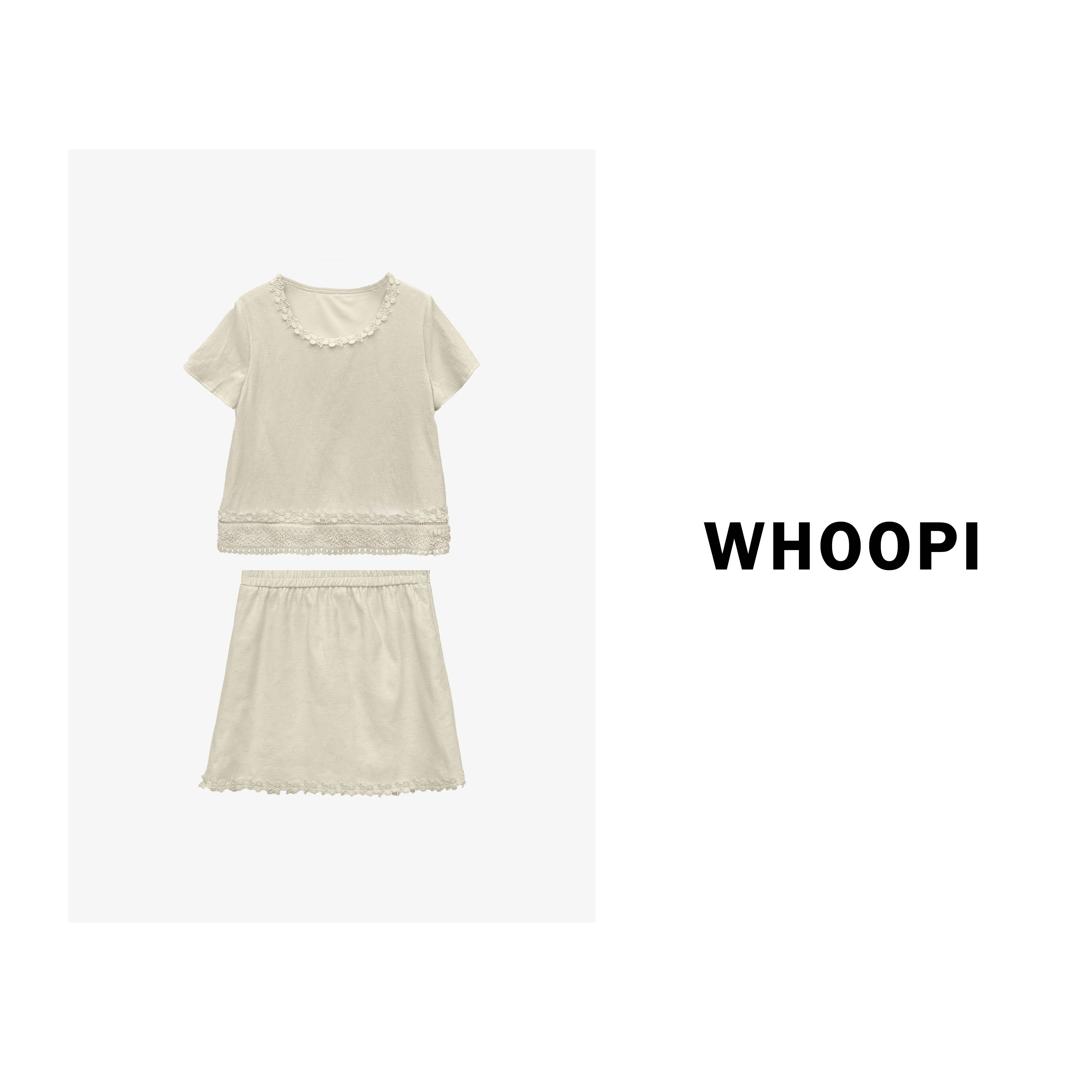 【Whoopi】【北欧假期】气质老钱拼接重工刺绣花边棉麻短裙套装