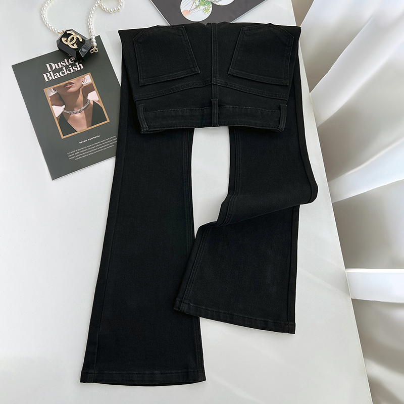 黑色薄绒高腰微喇叭牛仔裤女2025年春秋新款女士爆款修身马蹄裤子