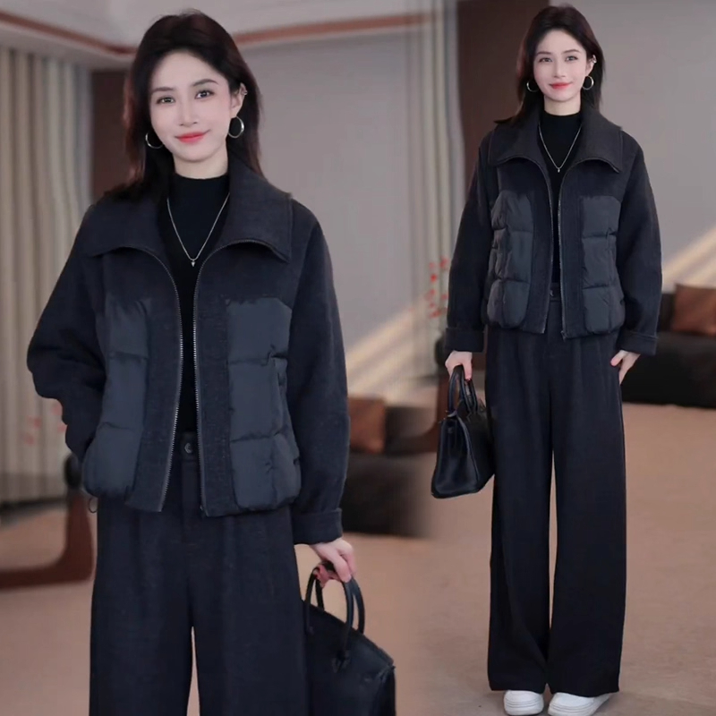 【蕾蕾专属】女冬季新款洋气加厚毛呢拼接棉衣外套阔腿裤两件套潮