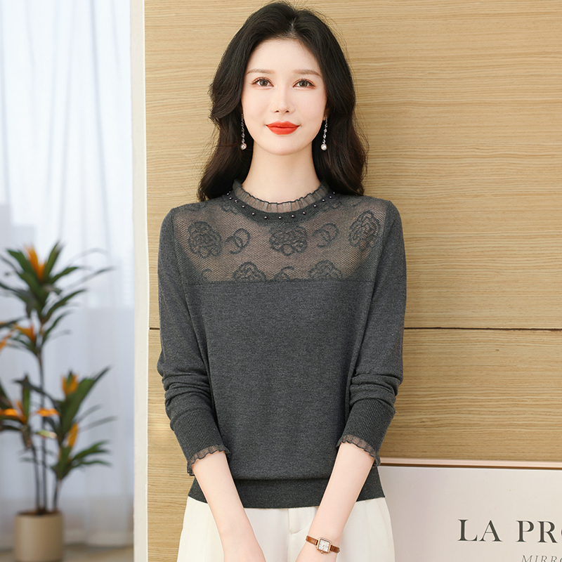 秋季圆领女士毛针织衫长袖女上衣套头款打底衫秋冬百搭薄款毛衣